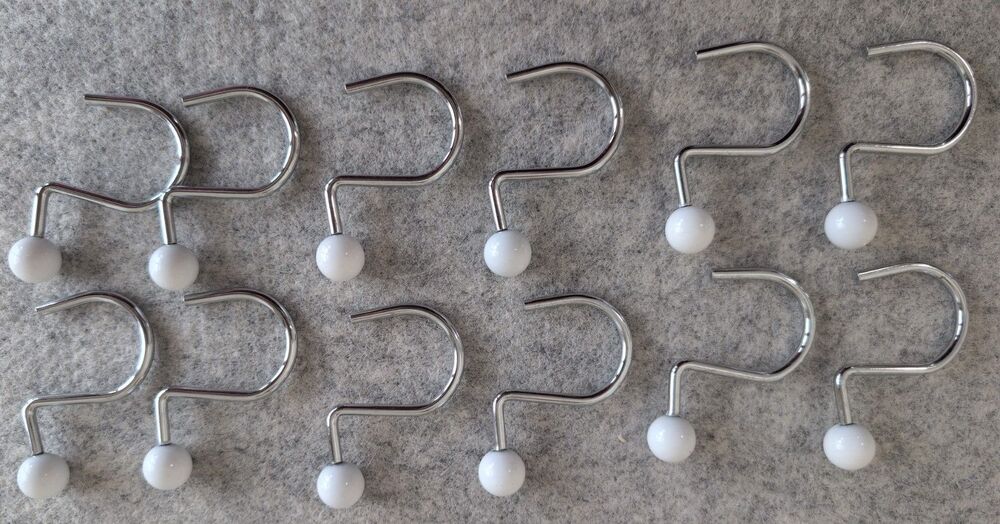 Set of 12 Metal Steel Round White & Chrome Ball Heavy Duty Shower Curtain Hooks